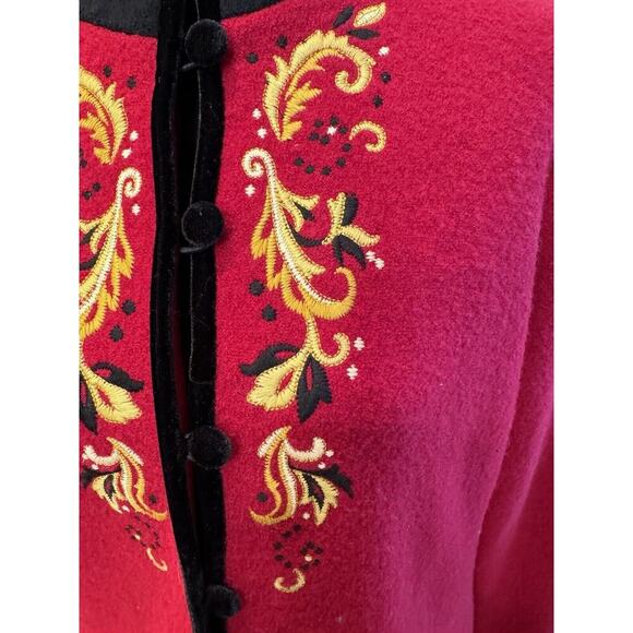Icelandic Designs 100% Wool Cardigan Sweater Womens M Embroidery Velvet Trim - Picture 4 of 13